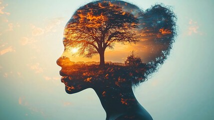 A serene silhouette of a woman against a sunset, reflecting nature within her profile, ideal for African Liberation Day, empowerment campaigns, and wellness themes.