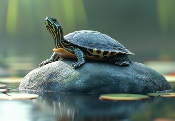 Obraz premium Vibrant Turtle Resting on a Rock in a Serene Pond Surrounded by Water Lilies and Gentle Reflections of Nature's Beauty in a Tranquil Setting
