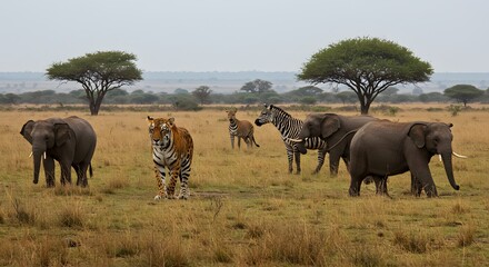 Obraz premium African Savanna Wildlife Scene Tiger Elephants Zebra
