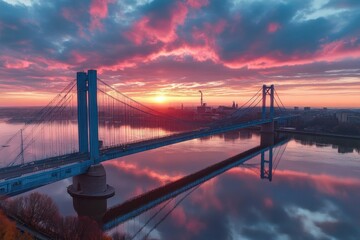 Aerial View of Blue Suspension Bridge at Sunset in Wrocław © Margarita