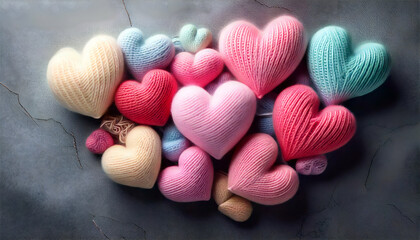 Fototapeta premium Delicate pastel wool hearts resting on a soft gray background, evoking romance and warmth.