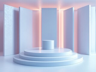 Obraz premium Minimalistic Stage Design with Circular Pedestal and Pastel Panels