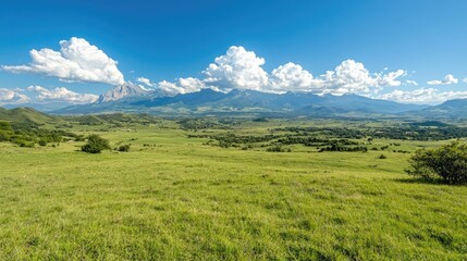 Fototapeta premium Mountain valley landscape, sunny day, green fields, scenic view, travel photography