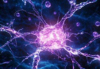 Glowing Neuron Microscopic View Pink, Purple, and Blue Detailed Digital Illustration