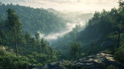 Misty Mountain Forest at Dawn: A Breathtaking Panorama