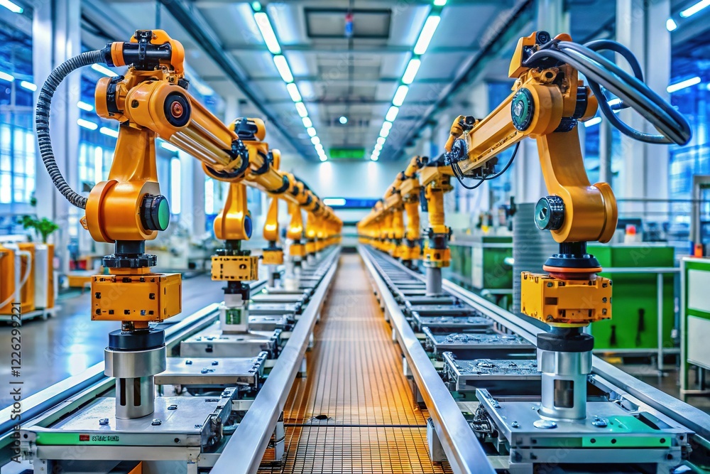 Poster advanced robotic arms on automated pcb assembly line in modern electronics factory