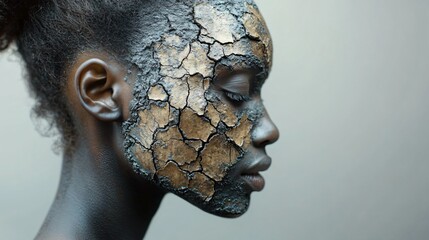 A textured portrait of a woman resembling cracked earth, evoking nature's beauty, suitable for African Liberation Day and social awareness campaigns.