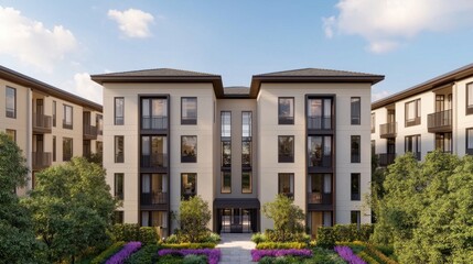 Fototapeta premium Renewable Energy Energy Efficiency Conservation concept. A thriving community with renewable energy powered residential apartments and modern architecture