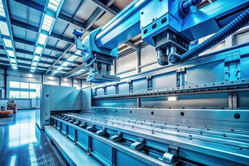 Naklejka premium Automated Robotic Arm Handling Sheet Metal on Press Brake in Light Blue Studio