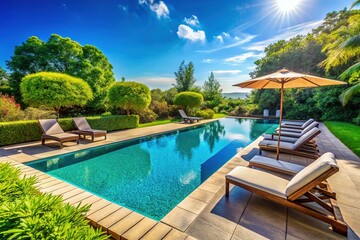Fototapeta premium Automatic Pool Cover, Modern Outdoor Swimming Pool, Luxury Resort, Summer Vacation, Backyard Oasis