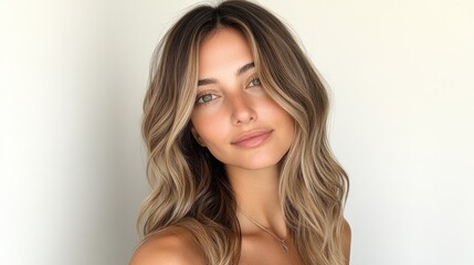 Fototapeta premium Close-up portrait of a young woman with long, wavy light brown hair and green eyes.