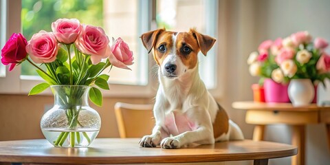 Charming Jack Russell Terrier with Roses and Vase in Cozy Living Room