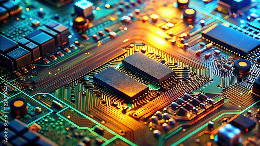 Poster close-up of complex computer motherboard circuitry with ample copy space