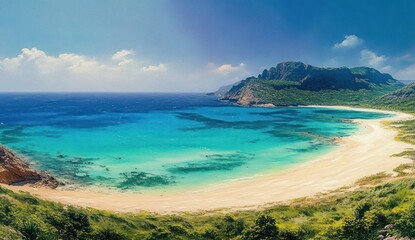 Fototapeta premium Tropical Paradise Secluded Beach with Turquoise Waters Lush Greenery Bright Sunny Sky Impressionism