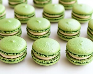 A delightful arrangement of green macarons, showcasing their smooth texture and creamy filling, perfect for dessert lovers and special occasions.