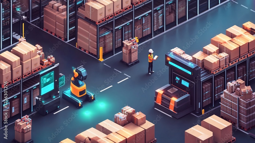 Poster modern warehouse with automated systems and worker handling inventory in an isometric view