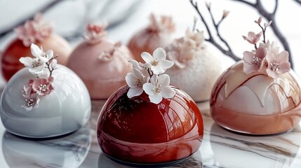 Elegant cherry blossom desserts on marble surface