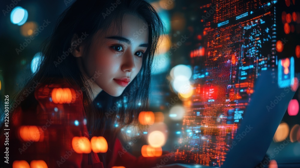 Poster woman programmer coding at night, city bokeh.