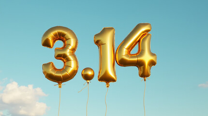 3.14 balloons in gold color, three-dimensional against a blue sky. Pi Day celebration concept in 2025