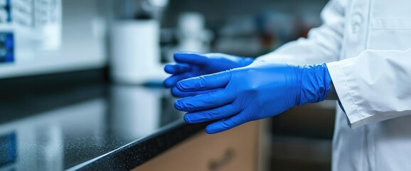 Scientist putting on gloves in lab