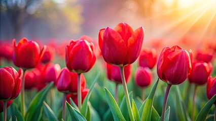 Tilt-Shift Red Tulips: Foggy Spring Landscape Photography