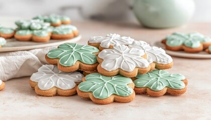 Beautifully decorated flower-shaped cookies with green and white icing, showcasing intricate designs, perfect for spring celebrations or special occasions.