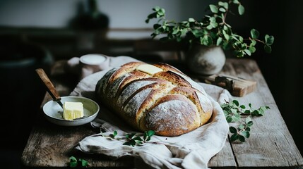 A freshly baked loaf of bread with butter on a wooden table, surrounded by greenery, creating a...