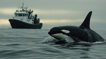 Fototapeta premium Orca whale surfacing near a research vessel in the ocean.