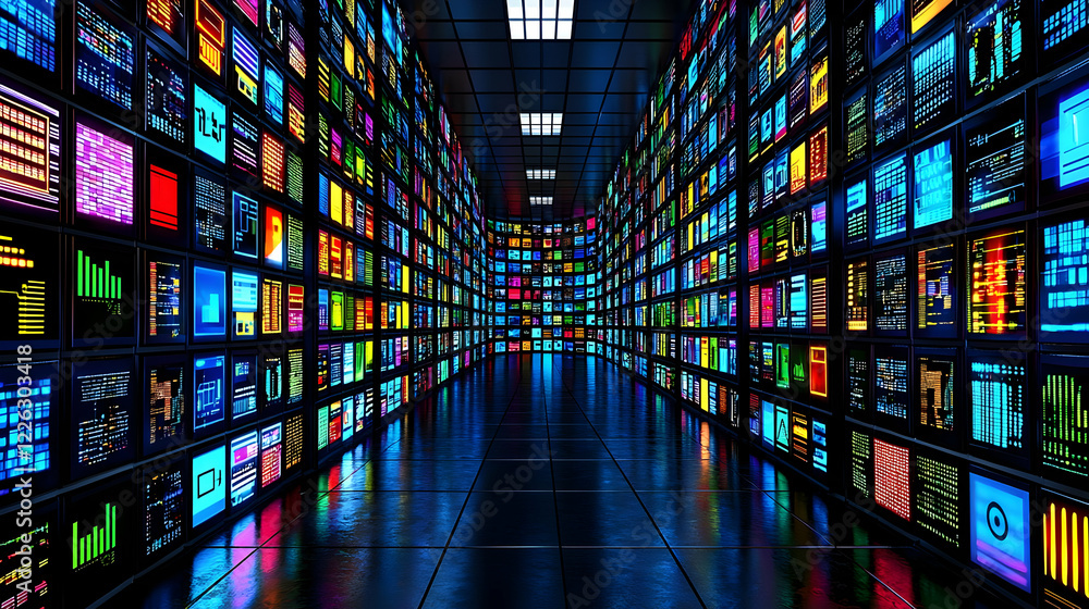 Poster digital data center; colorful screens; technology background; data storage
