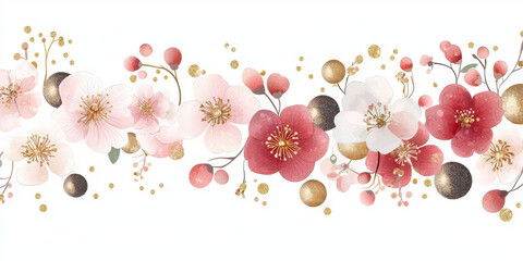 Obraz premium Beautiful floral design featuring pink and white flowers, gold accents, and berries, creating vibrant and elegant pattern. Perfect for spring themes and celebrations