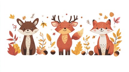 Obraz premium Cute Woodland Creatures: Autumn Illustration: A charming collection of woodland creatures, including a deer, a bear, and a fox, adorned with vibrant autumn leaves and acorns.