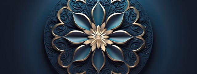 Design a 3D vector of an Arabesque-style circular ornament with geometric patterns in the inner layers and floral elements radiating outward.