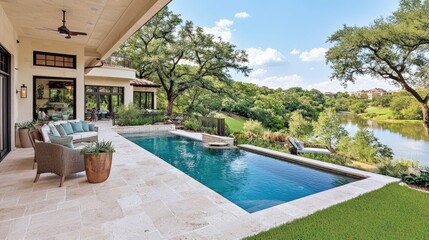 Fototapeta premium Luxury swimming pool on a stone patio overlooks a scenic river and lush green trees during a bright sunny day.