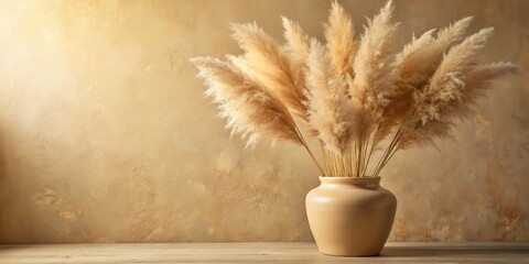 Naklejka premium Vintage Pampas Grass Beige Vase Wall Photography - Retro Home Decor Still Life Image