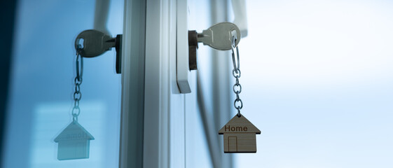Landlord key for unlocking house is plugged into the door. Second hand house for rent and sale....