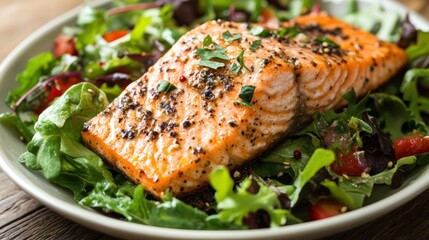 Grilled salmon fillet on fresh salad.