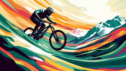 Fototapeta premium Mountain biker with black suit and helmet riding a bike on a colorful landscape painting style with mountains background