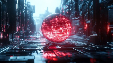 Cyberpunk Cityscape: Glowing Sphere in Futuristic Alley
