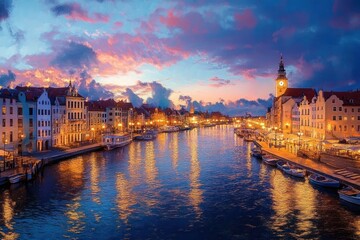 Obraz premium Gdańsk Cityscape at Dusk with Żuraw Bridge and Motława River Reflection