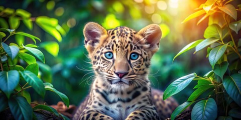 Obraz premium Young Leopard Cub with Blue Eyes in Lush Green Foliage | Wildlife Photography | Nature Close-Up | Animal Portrait | Exotic Wildlife