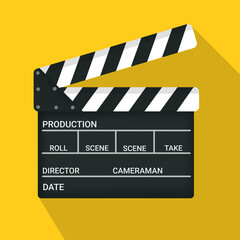 Movie clapper board icon isolated on white background. Black clapper board vector illustration. Hollywood film clapperboard. Film chalk clap board. Design for representing film making concept.