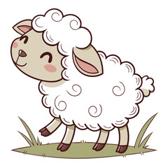 Obraz premium Adorable Cartoon Sheep with Curly Wool on Grass Patch. Perfect for: Farm Festivals, Easter, Children's Books