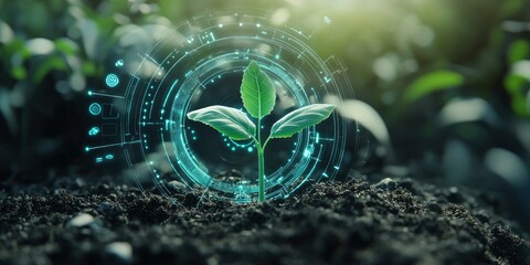 an organic seedling emerging from soil, surrounded by a futuristic circular interface displaying environmental data