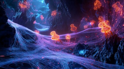 Glowing Jellyfish in a Bioluminescent Cave