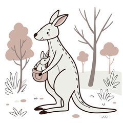 Obraz premium Cute Hand-Drawn Cartoon Kangaroo Holding a Small Pouch. Perfect for: Australia Day, Mother's Day, Wildlife Awareness