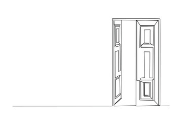 Opened door in continuous one line drawing. Single line art draw of open doors. Editable vector.