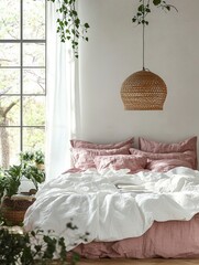 Cozy Bedroom Scene with Unmade Bed in Scandinavian Design and Natural Light