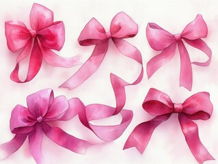 Watercolor Illustration of Pink Ribbons and Bows on White Background Set of Decorative Elements for Gifts and Decorations
