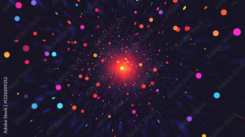 Poster abstract cosmic background with vibrant colorful dots on a dark space moving in a radial burst