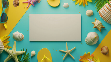 A summer-inspired flat lay featuring beach essentials like starfish, seashells, flip-flops, sunglasses, and inflatable rings, arranged around a blank white space